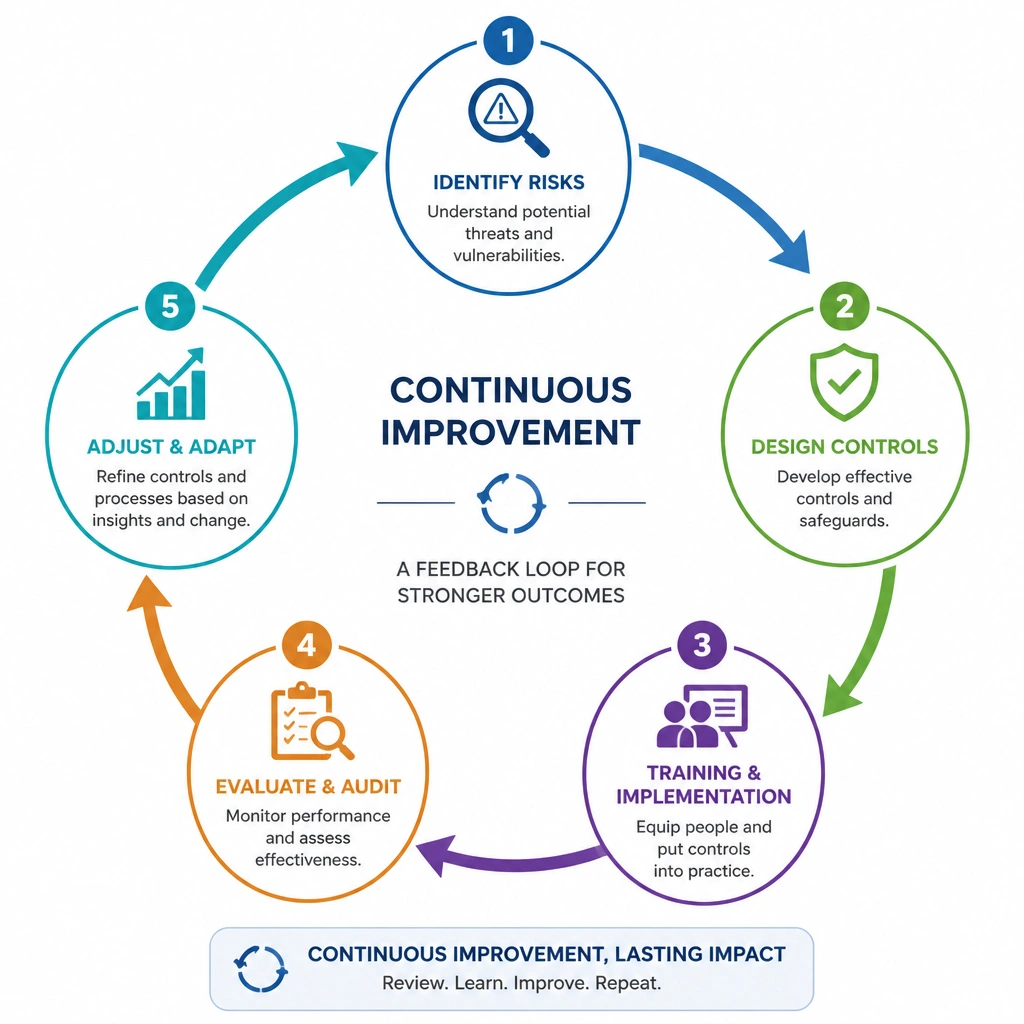A cycle diagram showing a feedback loop: Identify Risks -> Design Controls -> Training & Implementation -> Evaluate & Audit -> Adjust & Adapt, highlighting the continuous improvement model.