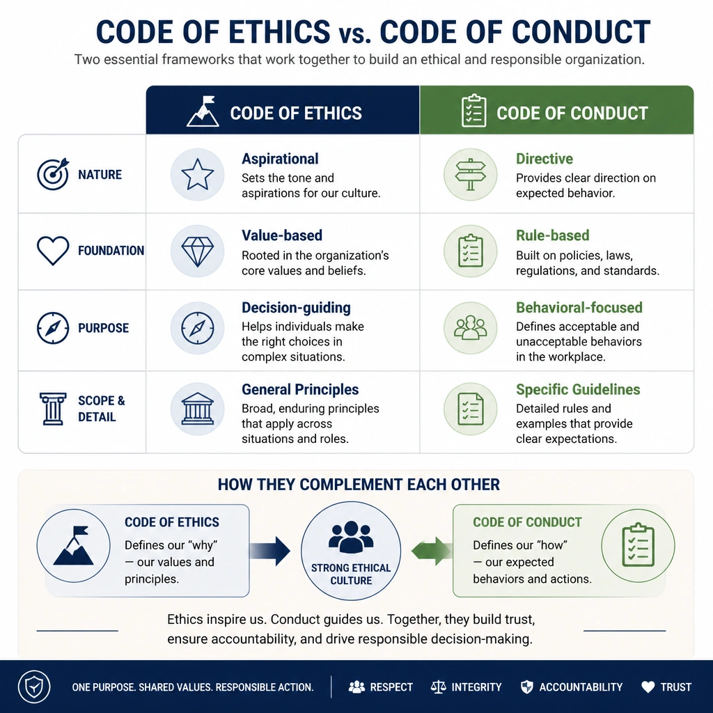 A comparison chart contrasting 'Code of Ethics' (Aspirational, Value-based, Decision-guiding, General Principles) and 'Code of Conduct' (Directive, Rule-based, Behavioral-focused, Specific Guidelines) to show how they complement each other in an organization.