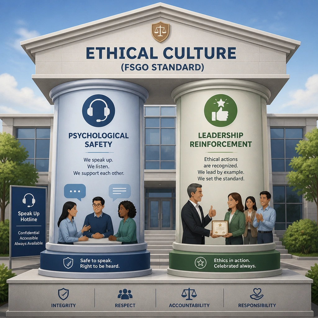 A conceptual illustration of corporate culture pillars. One pillar represents 'Psychological Safety' showing employees communicating openly with a hotline icon, and another pillar represents 'Leadership Reinforcement' showing a thumbs-up or star icon indicating ethical actions are celebrated. This is set against the backdrop of a building labeled 'Ethical Culture (FSGO Standard).'