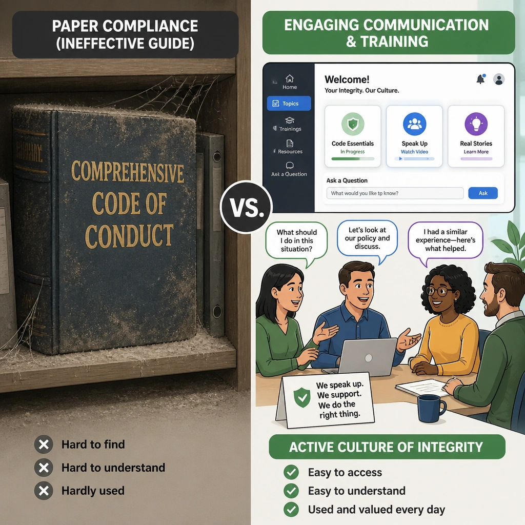 A cartoon or contrast graphic. On the left side, a thick book titled 'Comprehensive Code of Conduct' is shown covered in dust on a shelf, labeled 'Paper Compliance (Ineffective Guide).' On the right side, an interactive dashboard or conversation bubble represents 'Engaging Communication & Training,' showing employees actively discussing compliance, labeled 'Active Culture of Integrity.'