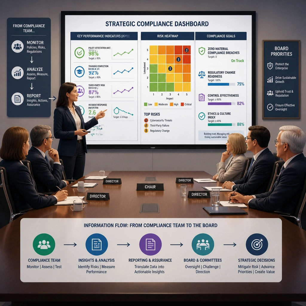 An illustration of a board meeting room with a presenter showing a slide dashboard containing key performance indicators (KPIs), risk heatmaps, and compliance goals, demonstrating the flow of strategic information from the compliance team to the directors.