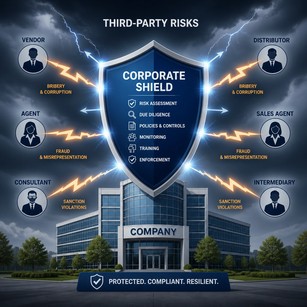 A diagram of a corporate shield protecting a company building from external lightning bolts representing "Third-Party Risks" (e.g., bribery, fraud, sanction violations) originating from external vendor or agent figures.