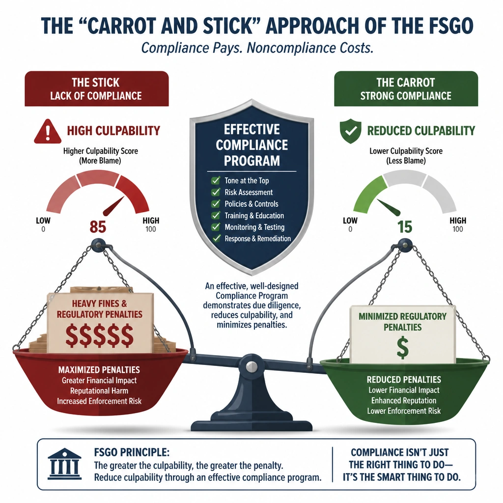 A diagram showing the "carrot and stick" approach of the FSGO: on one side, a scale showing high culpability and heavy fines for lack of compliance, and on the other side, an "Effective Compliance Program" shield reducing the culpability score and minimizing regulatory penalties.