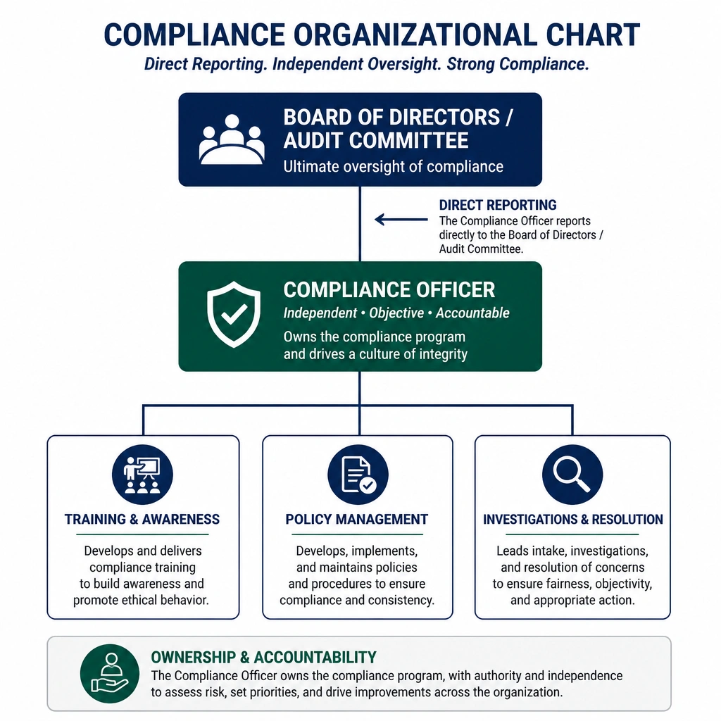 A clean compliance organizational chart showing the Compliance Officer reporting directly to the Board of Directors/Audit Committee, with clear sub-branches for training, policy management, and investigations, highlighting the concept of direct reporting and ownership.