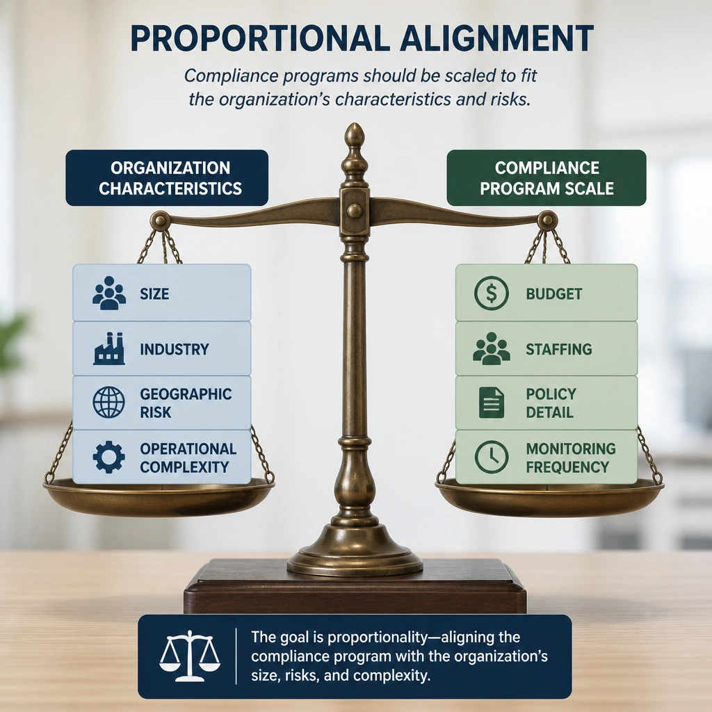 A scale balancing "Organization Characteristics" (size, industry, geographic risk, operational complexity) on one side, and "Compliance Program Scale" (budget, staffing, policy detail, monitoring frequency) on the other, demonstrating the concept of proportional alignment.