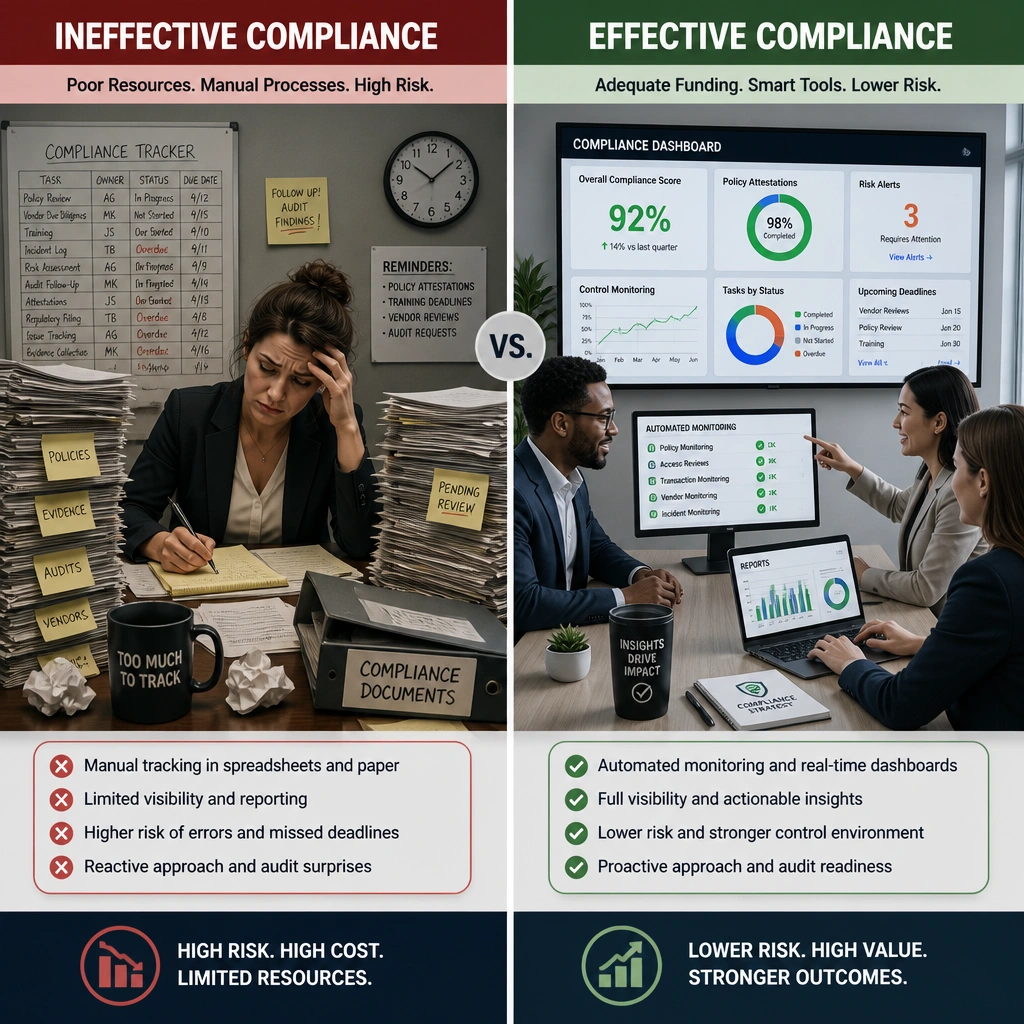 A split graphic showing a compliance officer overwhelmed with paper stacks and manual tracking due to poor resources (labeled "Ineffective Compliance"), next to a compliance team utilizing modern dashboard technology and automated monitoring tools due to adequate funding (labeled "Effective Compliance").