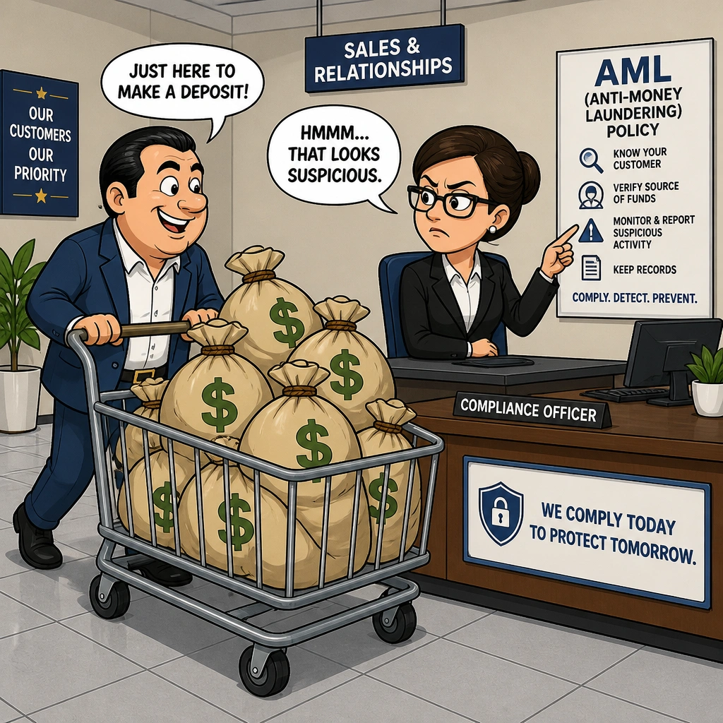 A cartoon representation of a customer pushing a cart filled with sacks of cash labeled with dollar signs toward a sales counter, while a compliance officer behind the desk looks suspicious and points to an AML (Anti-Money Laundering) policy poster.