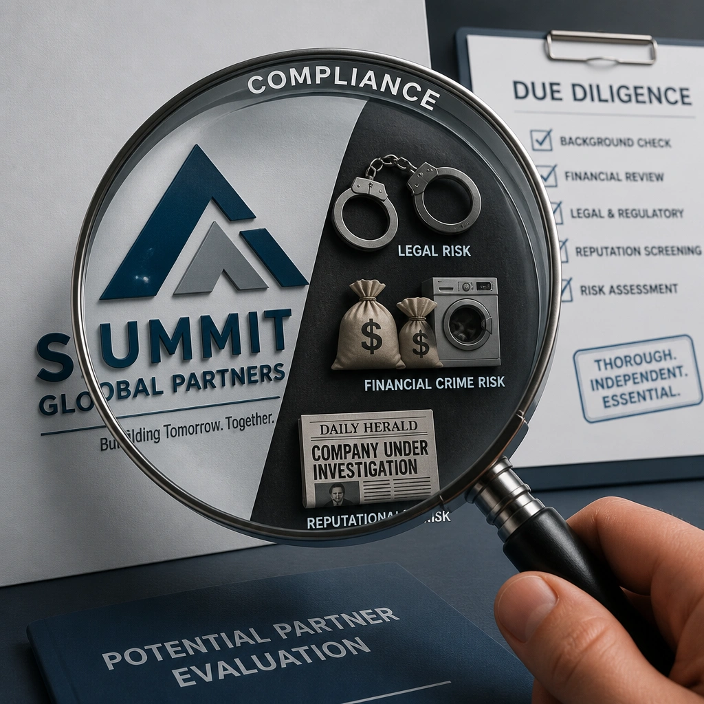 A compliance magnifying glass examining a corporate logo of a potential partner, revealing hidden icons of handcuffs, money-laundering bags, and a newspaper with a negative headline, showing the hidden risks uncovered by due diligence.