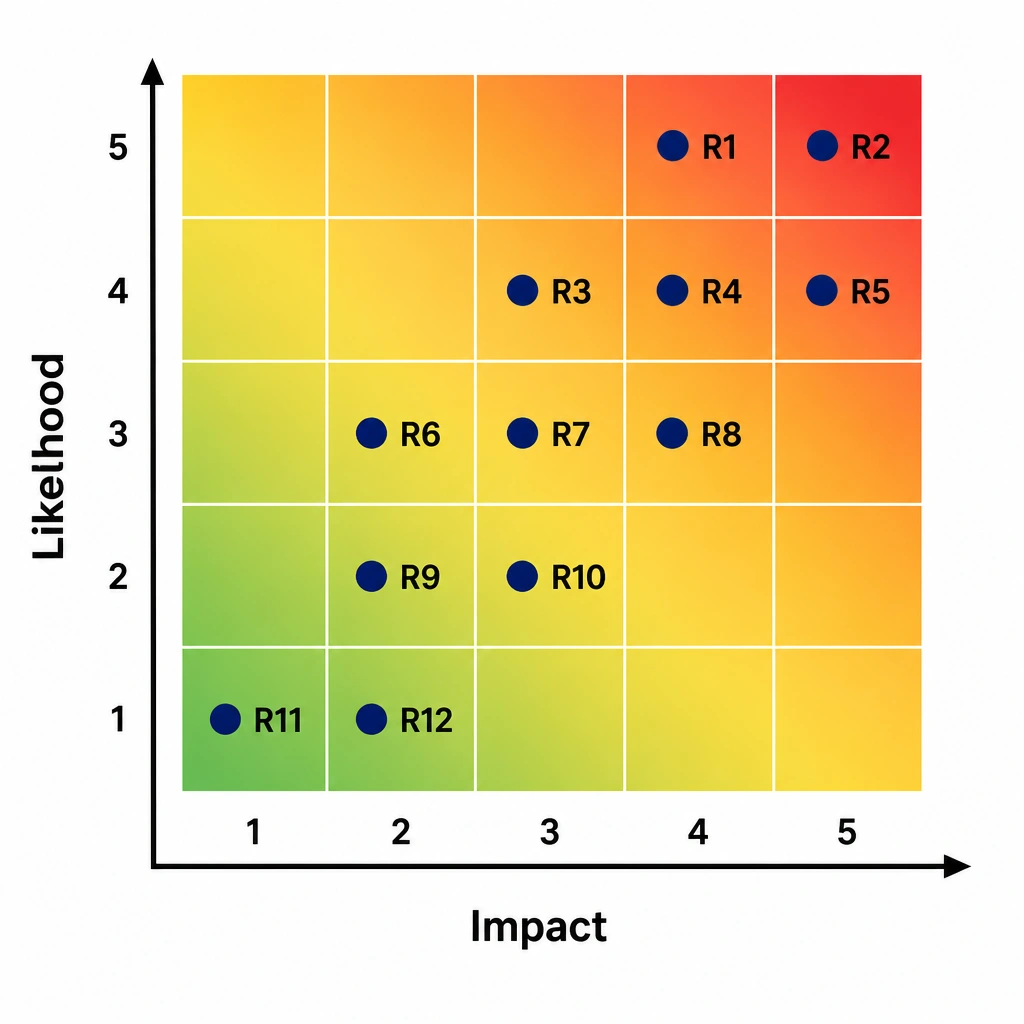 A 5x5 grid matrix colored from green (bottom-left) to red (top-right), with the vertical axis labeled "Likelihood" and the horizontal axis labeled "Impact," showing various risk dots plotted on the grid to demonstrate prioritization.