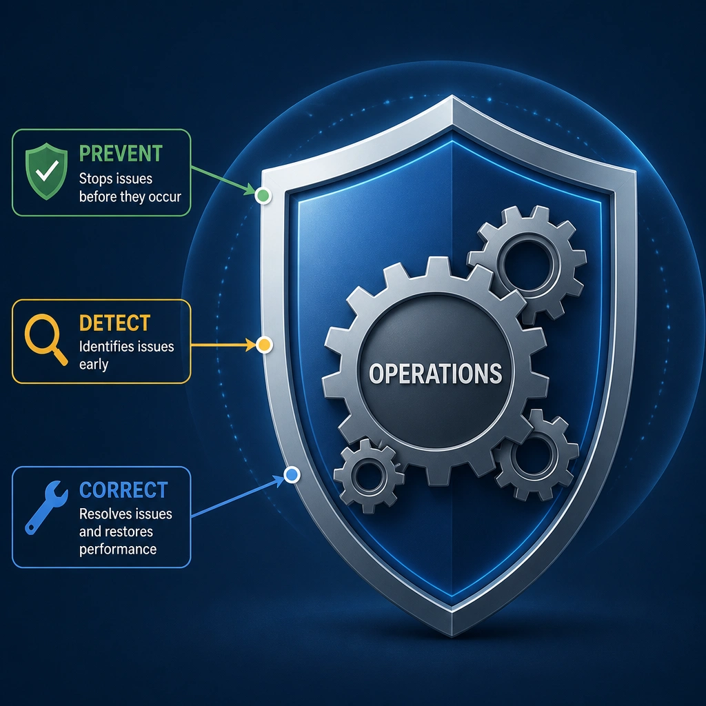 A shield icon protecting a gear mechanism representing "Operations," with labels "Prevent," "Detect," and "Correct" pointing to the shield, showing its protective and corrective functions.
