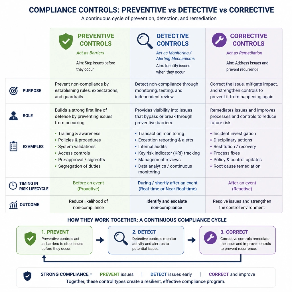 A visual matrix or flowchart comparing Preventive, Detective, and Corrective compliance controls. The diagram should highlight that Preventive controls act as barriers (e.g., training, policies, sign-offs), Detective controls act as monitoring/alerting mechanisms (e.g., transaction monitoring, audits), and Corrective controls act as remediation (e.g., discipline, policy updates).
