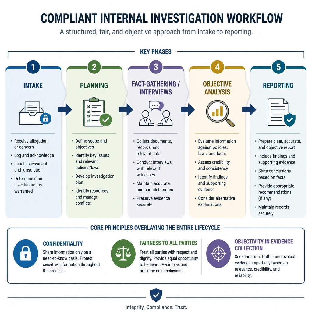 A workflow diagram illustrating the key phases of a compliant internal investigation: Intake, Planning, Fact-Gathering/Interviews, Objective Analysis, and Reporting. The diagram should emphasize the core principles overlaying the entire lifecycle: Confidentiality, Fairness to all parties, and Objectivity in evidence collection.