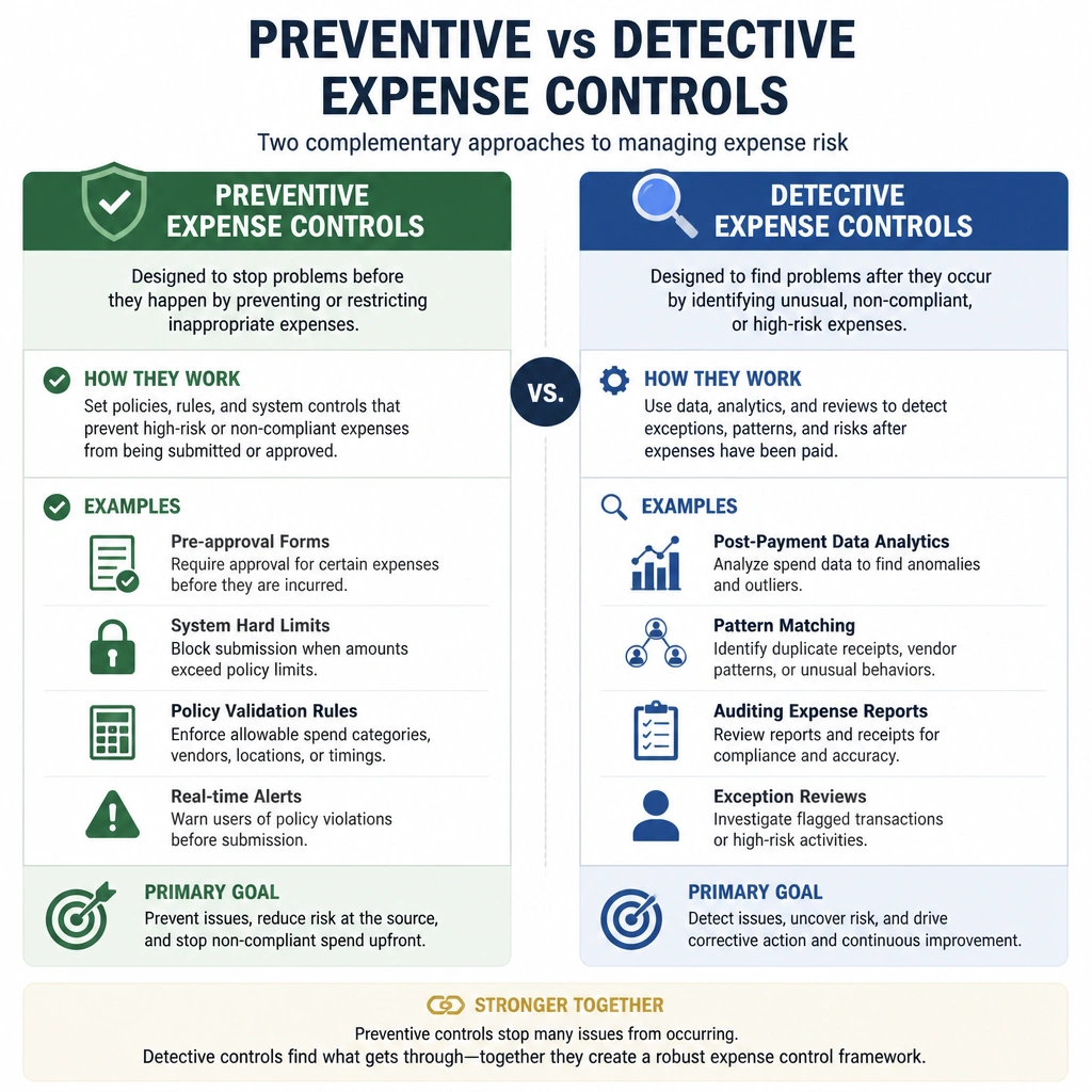 An infographic showing the difference between Preventive Expense Controls (e.g., pre-approval forms, system hard limits blocking submission) and Detective Expense Controls (e.g., post-payment data analytics, pattern matching, auditing expense reports).