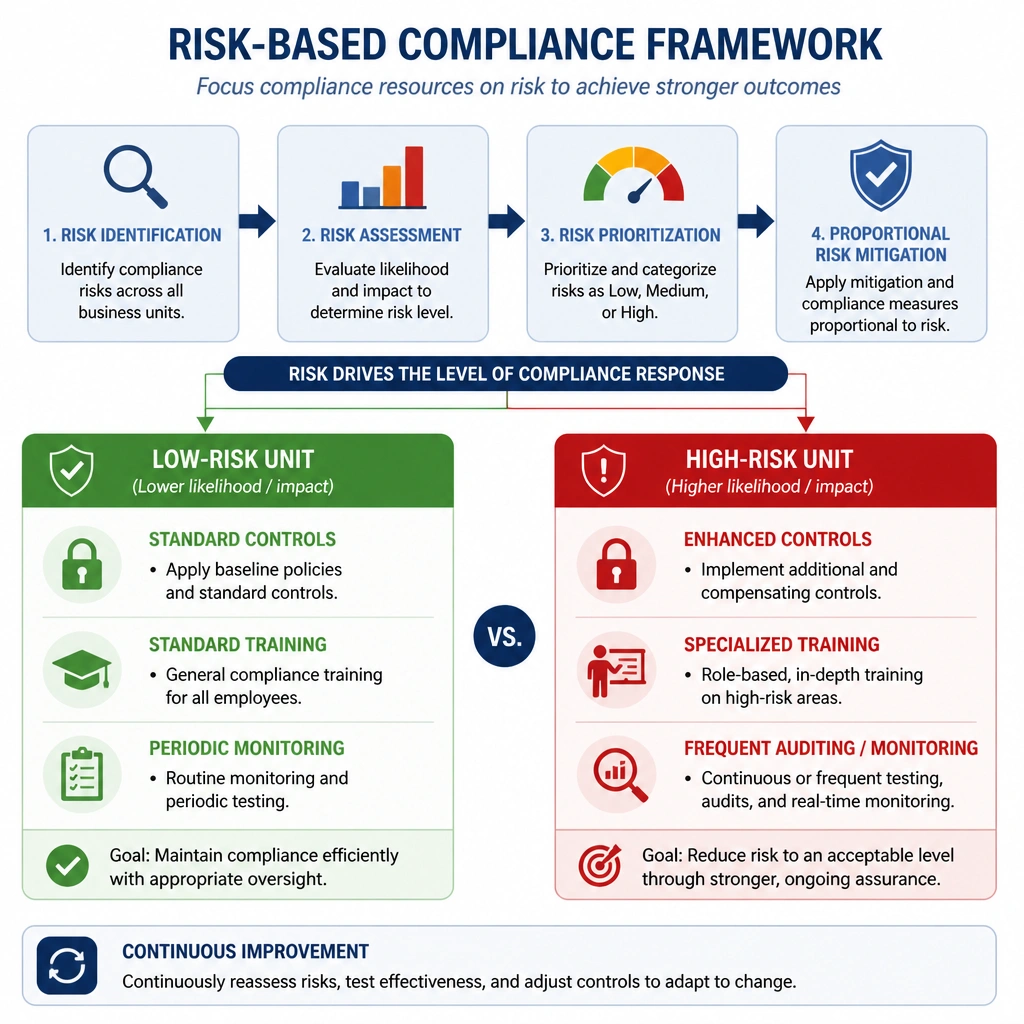 A diagram illustrating a Risk-Based Compliance Framework, showing risk identification leading to proportional risk mitigation. It should contrast a low-risk unit (standard controls and training) with a high-risk unit (enhanced controls, specialized training, and frequent auditing/monitoring).