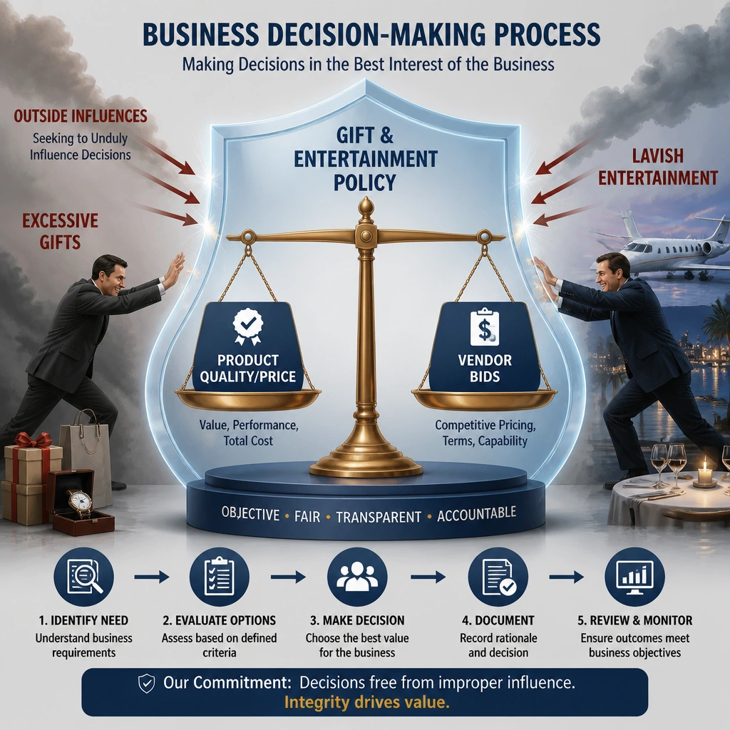 An illustration of a business decision-making process. The scales of decision-making are shown balanced between 'Product Quality/Price' and 'Vendor Bids'. Outside influences like 'Excessive Gifts' or 'Lavish Entertainment' are shown attempting to tilt the scales, with a 'Gift & Entertainment Policy' acting as a protective shield.