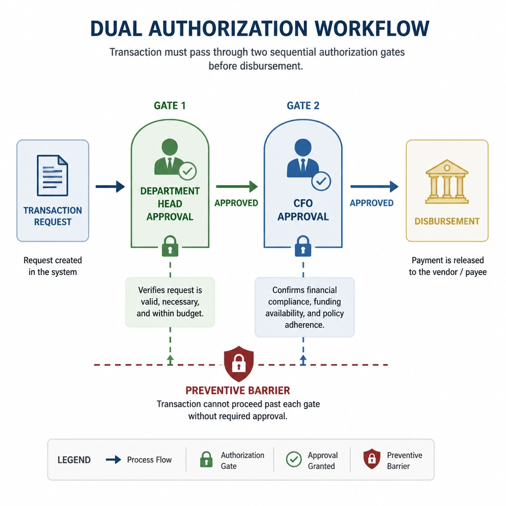 A schematic of a 'Dual Authorization' workflow. A transaction request must pass through two sequential gates representing 'Department Head Approval' and 'CFO Approval' before it reaches the 'Disbursement' stage, illustrating a preventive barrier.