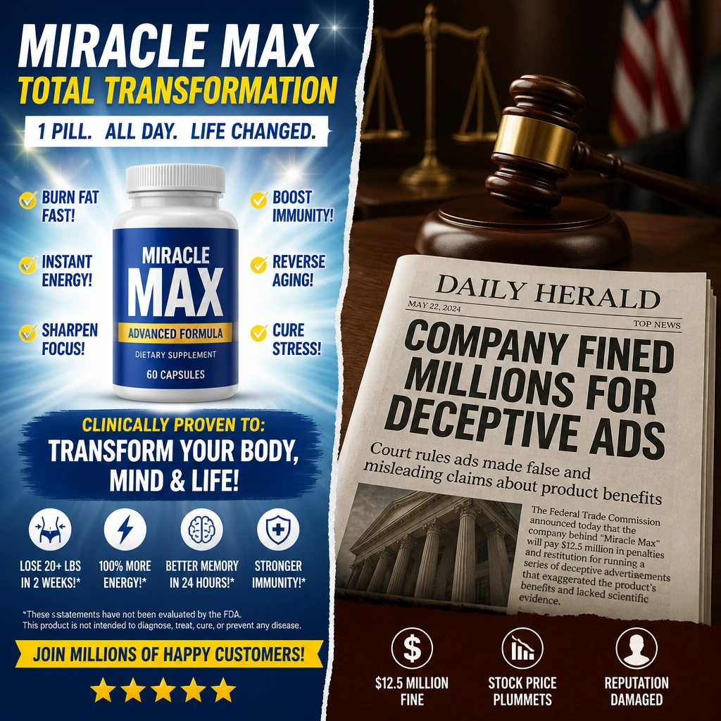 A split graphic: on one side, an ad showing exaggerated product claims; on the other side, a courtroom gavel and a newspaper headline reporting "Company Fined Millions for Deceptive Ads," illustrating the legal and reputational consequences.