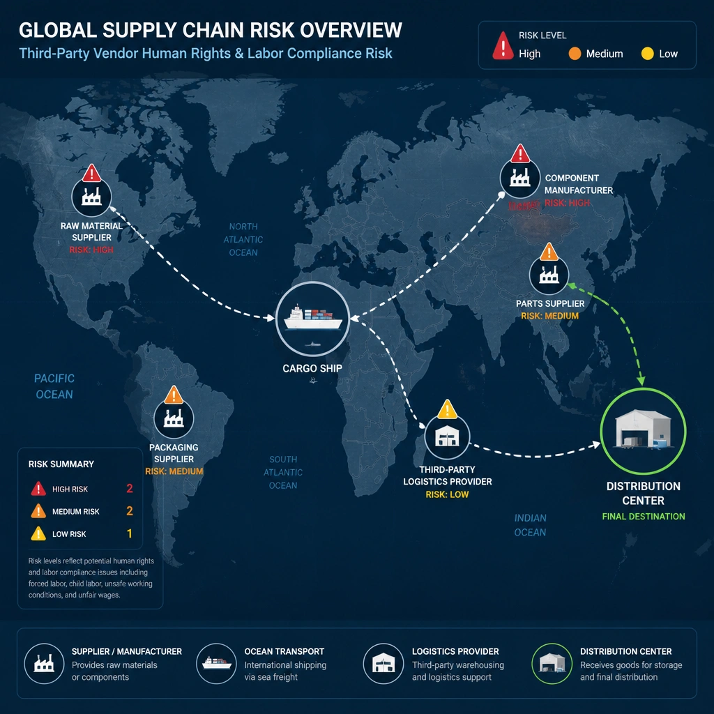 A global map with shipping routes connecting a cargo ship to a distribution center, with warning icons over the supply chain nodes representing third-party vendor human rights and labor compliance risk.