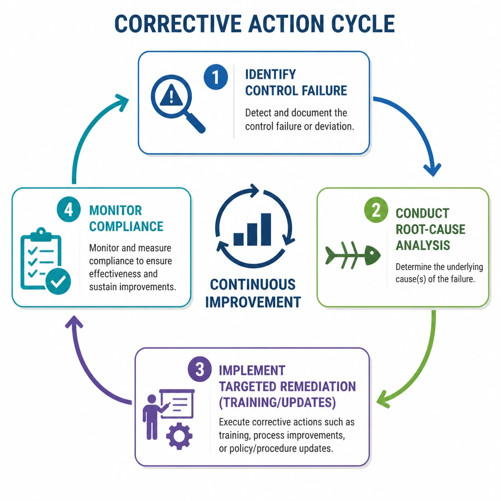A flow chart illustrating a corrective action cycle: 1. Identify Control Failure, 2. Conduct Root-Cause Analysis, 3. Implement Targeted Remediation (Training/Updates), 4. Monitor Compliance, creating a continuous improvement loop.