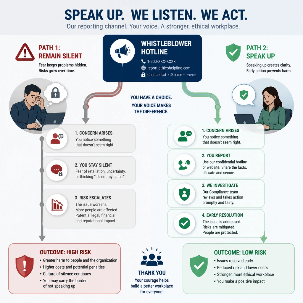 A graphic showing a whistleblower hotline/reporting channel with two paths: one showing a fearful employee remaining silent (high risk), and another showing a comfortable employee reporting an issue to compliance, leading to early resolution (low risk).