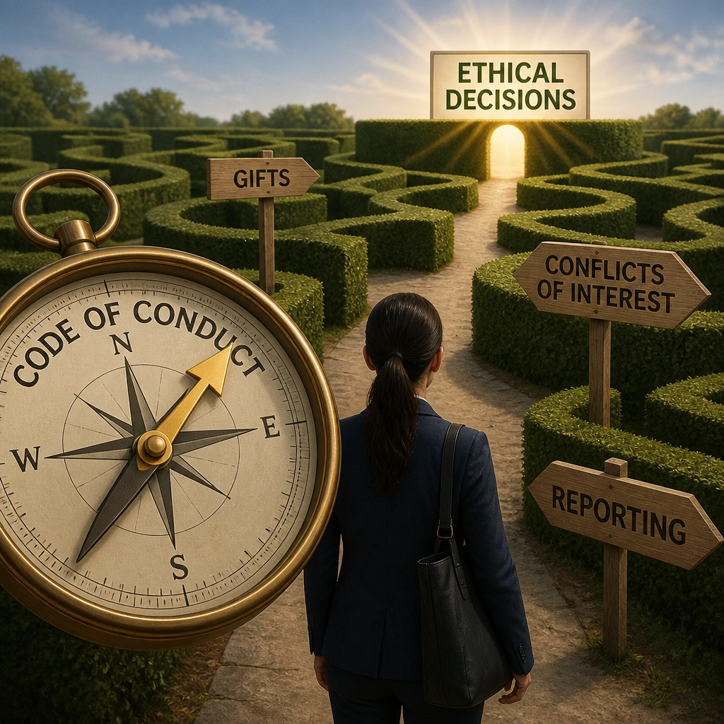 A compass labeled 'Code of Conduct' pointing towards 'Ethical Decisions' and guiding an employee through a maze of pathways labeled 'Gifts', 'Conflicts of Interest', and 'Reporting'.