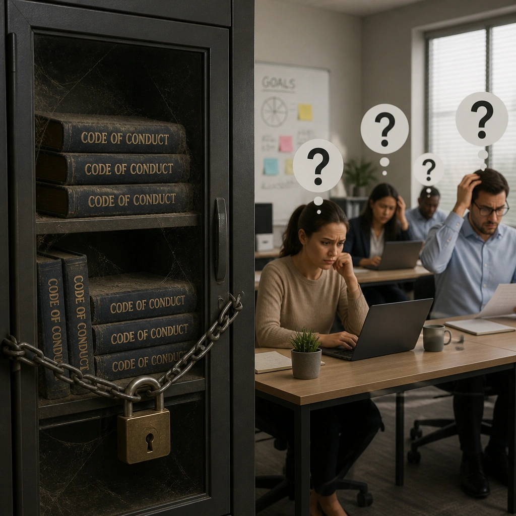 A stack of dusty 'Code of Conduct' books sitting locked in a cabinet, while employees outside are working with a question mark over their heads, illustrating a lack of communication and training.
