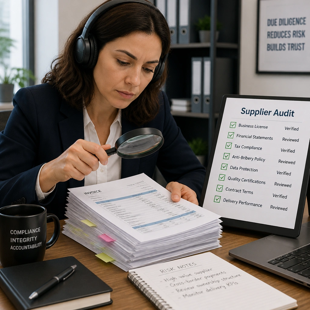 A compliance officer wearing headphones and reviewing a stack of financial documents with a magnifying glass, cross-referencing them against a checklist labeled 'Supplier Audit'.