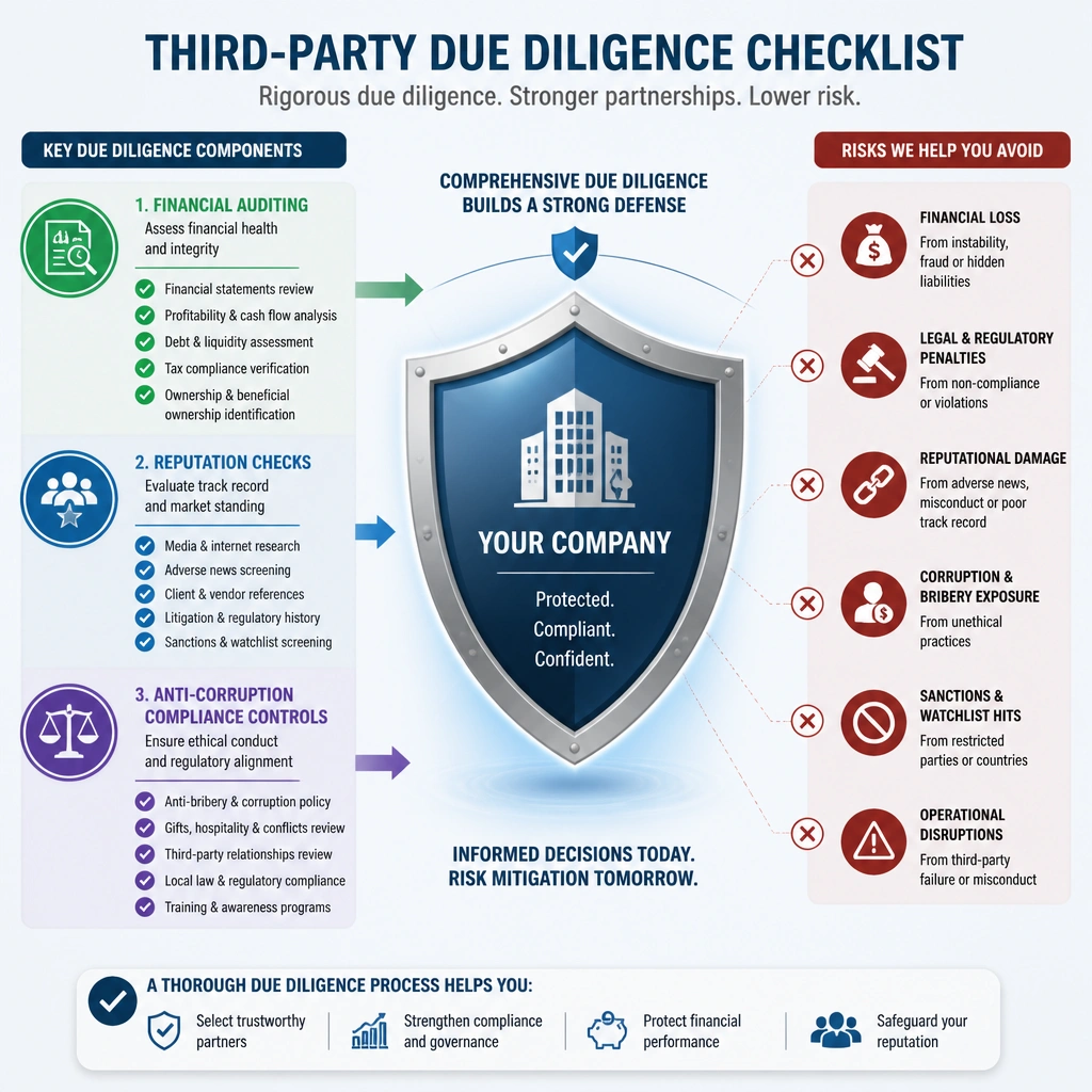 Visualizing the components of a comprehensive third-party due diligence checklist, including financial auditing, reputation checks, and anti-corruption compliance controls, showing their role in shielding a company from risk.