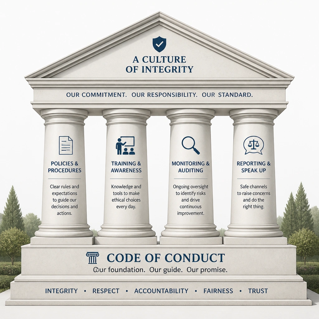 An architectural diagram showing the Code of Conduct as the foundation of a corporate compliance house, supporting pillars like policies, training, and auditing.