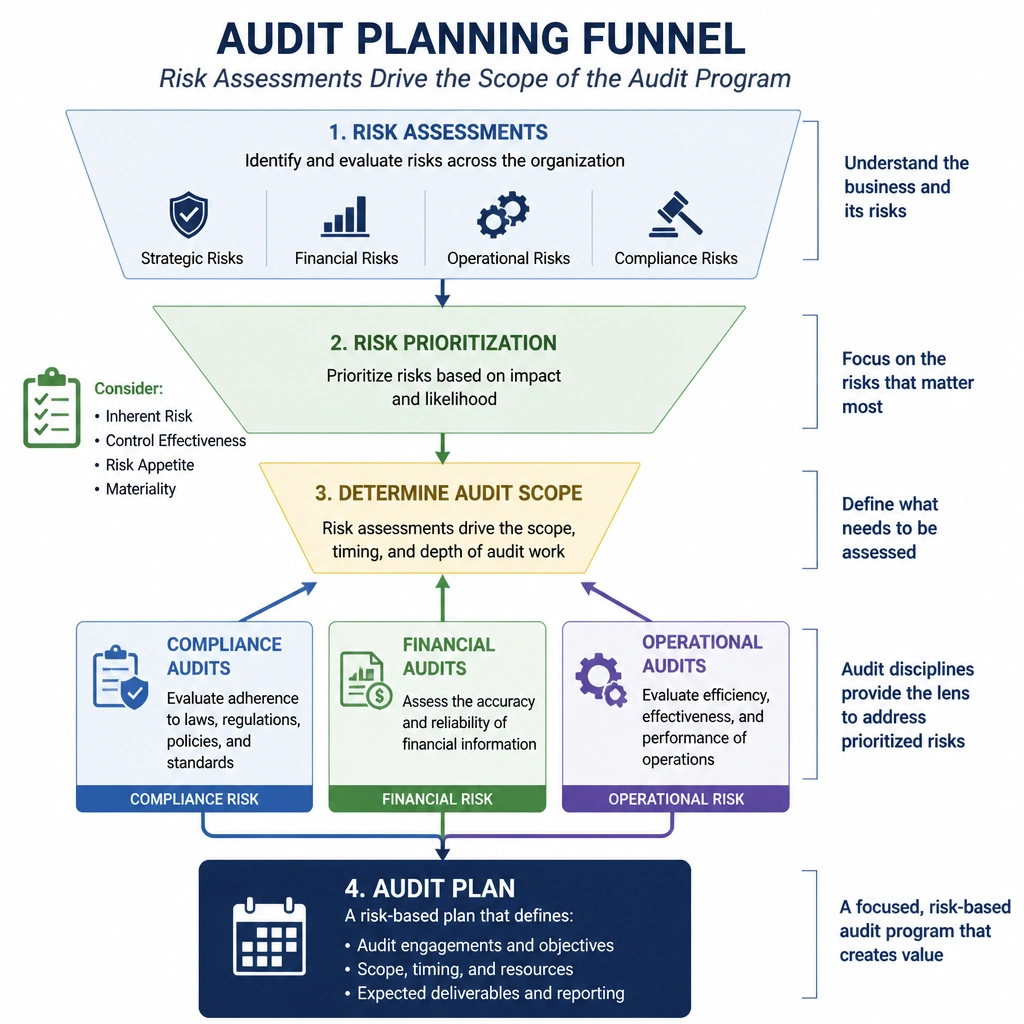 An audit planning funnel illustrating how risk assessments drive the scope of an audit program, showing compliance, financial, and operational audits feeding into the audit plan.
