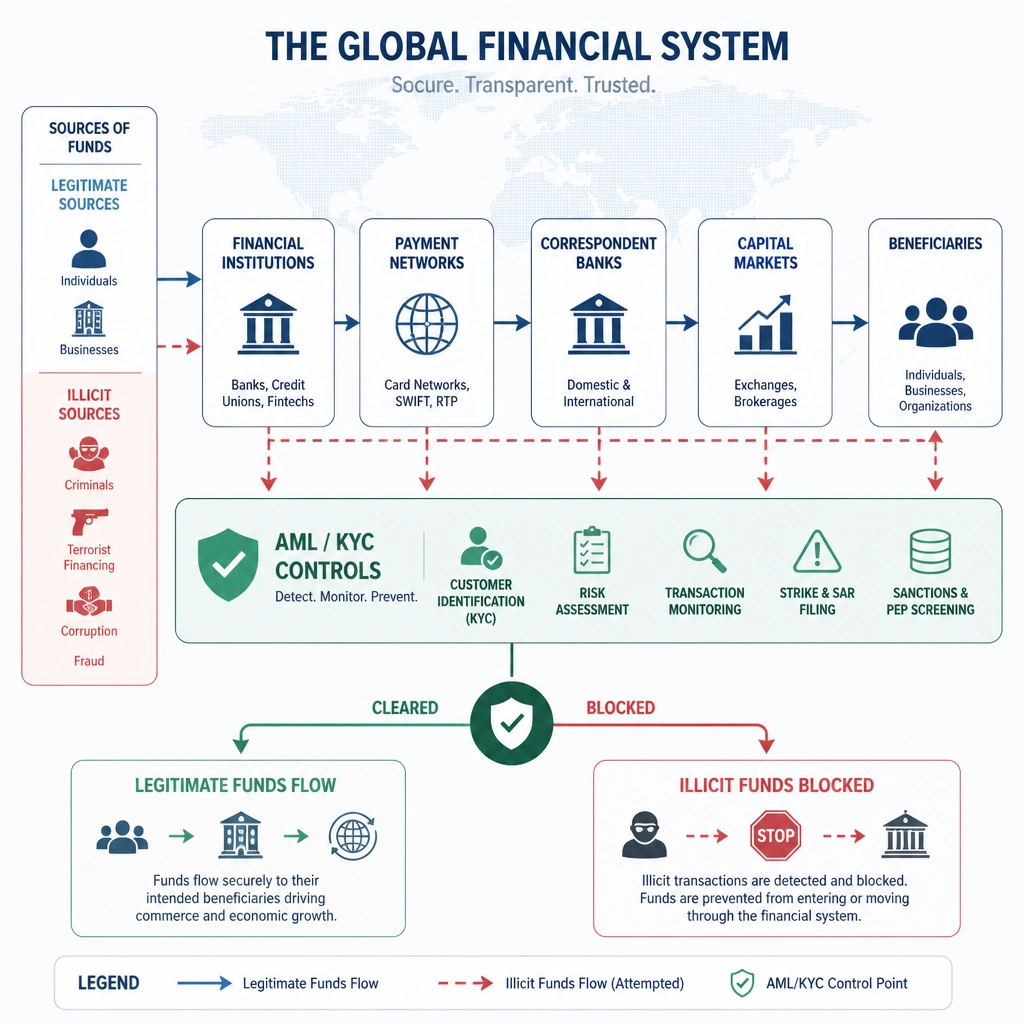 Diagram showing a global financial system with transactions flowing through it, highlighting the role of AML (Anti-Money Laundering) and KYC (Know Your Customer) controls in blocking illicit funds.