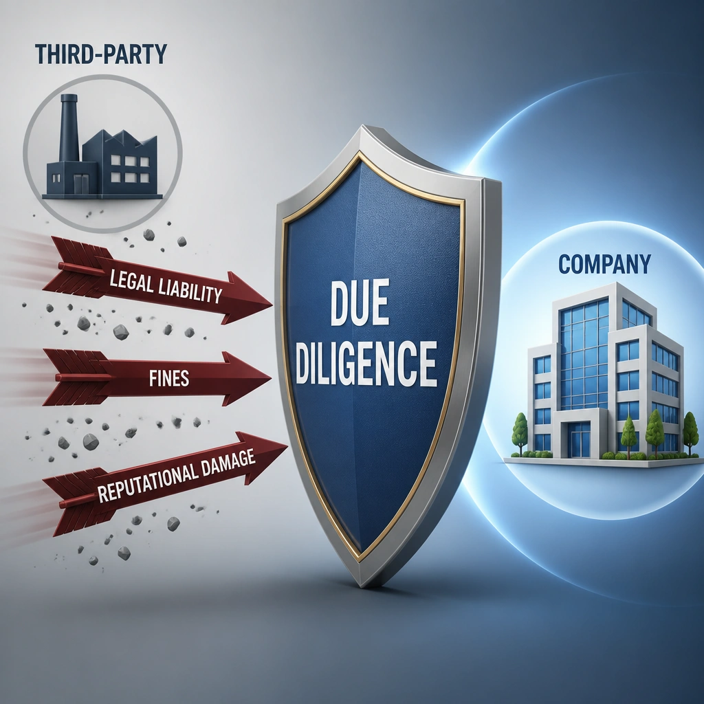 A shield metaphor showing "Due Diligence" protecting a company icon from incoming arrows labeled "Legal Liability", "Fines", and "Reputational Damage" originating from a "Third-Party" vendor.