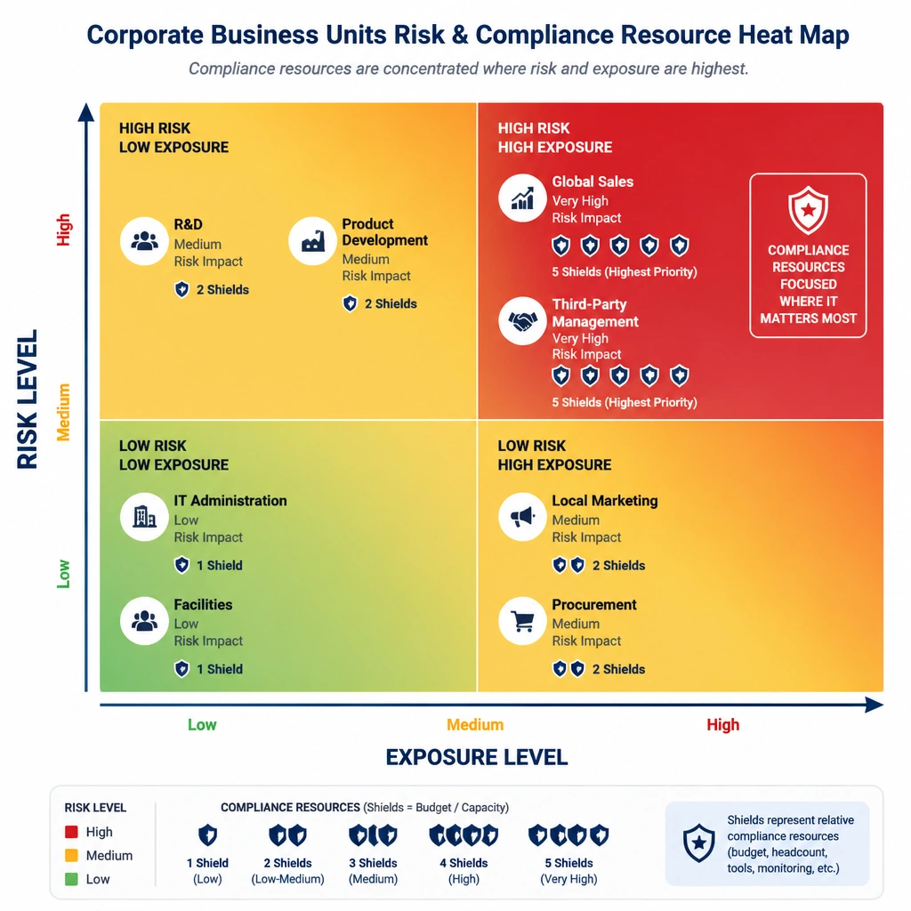 A heat map diagram representing different corporate business units (e.g., Global Sales, Local Marketing, IT Administration) plotted by risk level, showing compliance resources (represented by shield icons or budget indicators) concentrated on the high-risk, high-exposure quadrant.