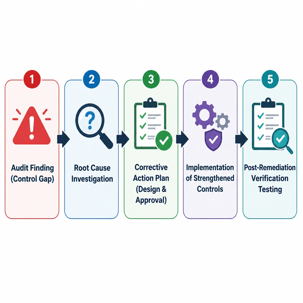 A workflow diagram illustrating the response to an audit finding: "Audit Finding (Control Gap)" -> "Root Cause Investigation" -> "Corrective Action Plan (Design & Approval)" -> "Implementation of Strengthened Controls" -> "Post-Remediation Verification Testing".