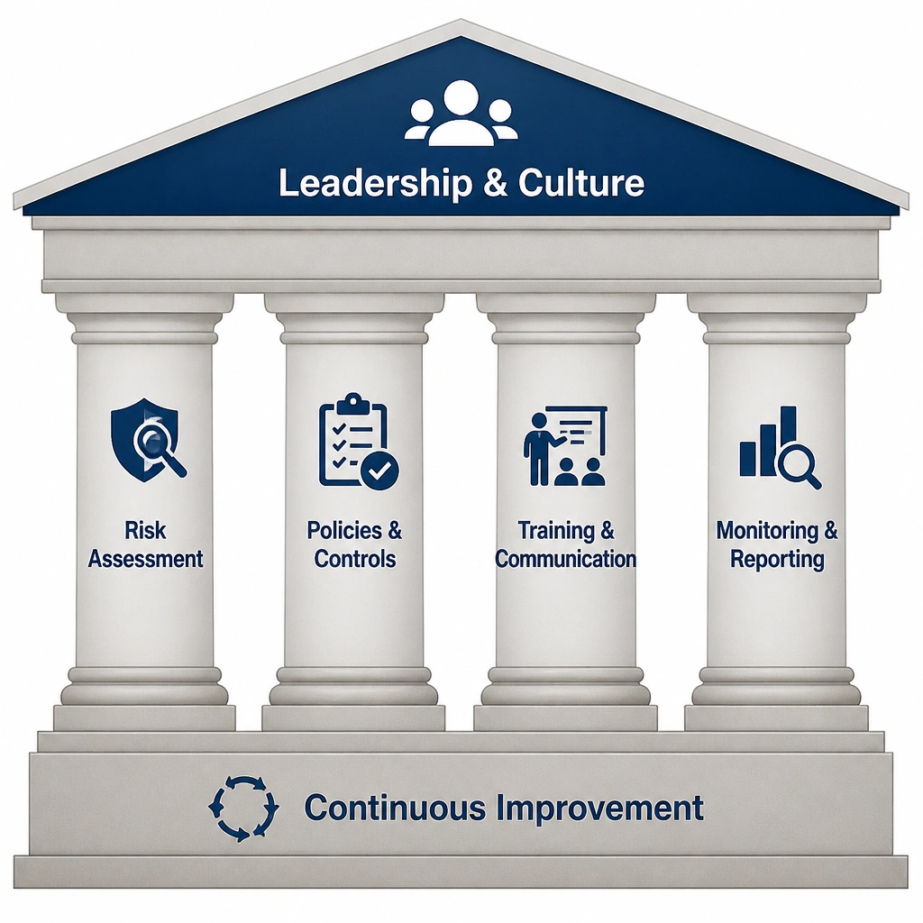 A structural block diagram representing the pillars of a Compliance Management System: "Leadership & Culture" at the top, supported by "Risk Assessment", "Policies & Controls", "Training & Communication", and "Monitoring & Reporting", all resting on a foundation of "Continuous Improvement".