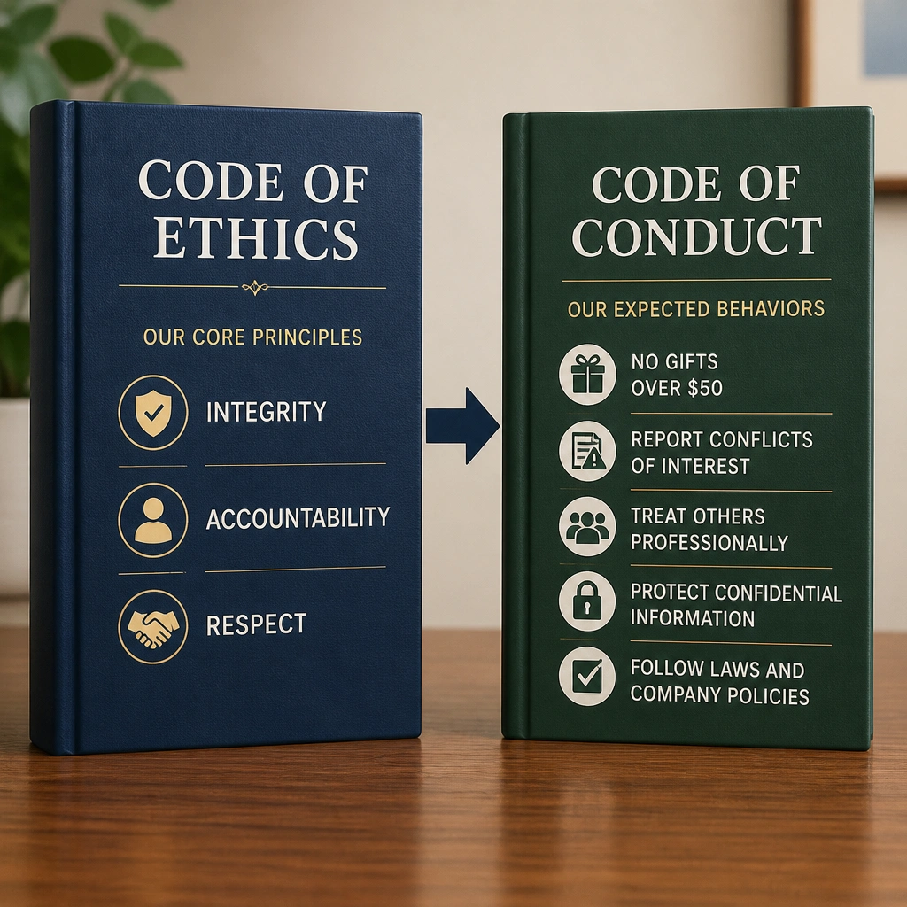 Two books side-by-side: one titled "Code of Ethics" showing a list of core principles like "Integrity", "Accountability", and "Respect" with an arrow pointing to the second book titled "Code of Conduct" showing concrete rules like "No Gifts Over $50" and "Report Conflicts of Interest".