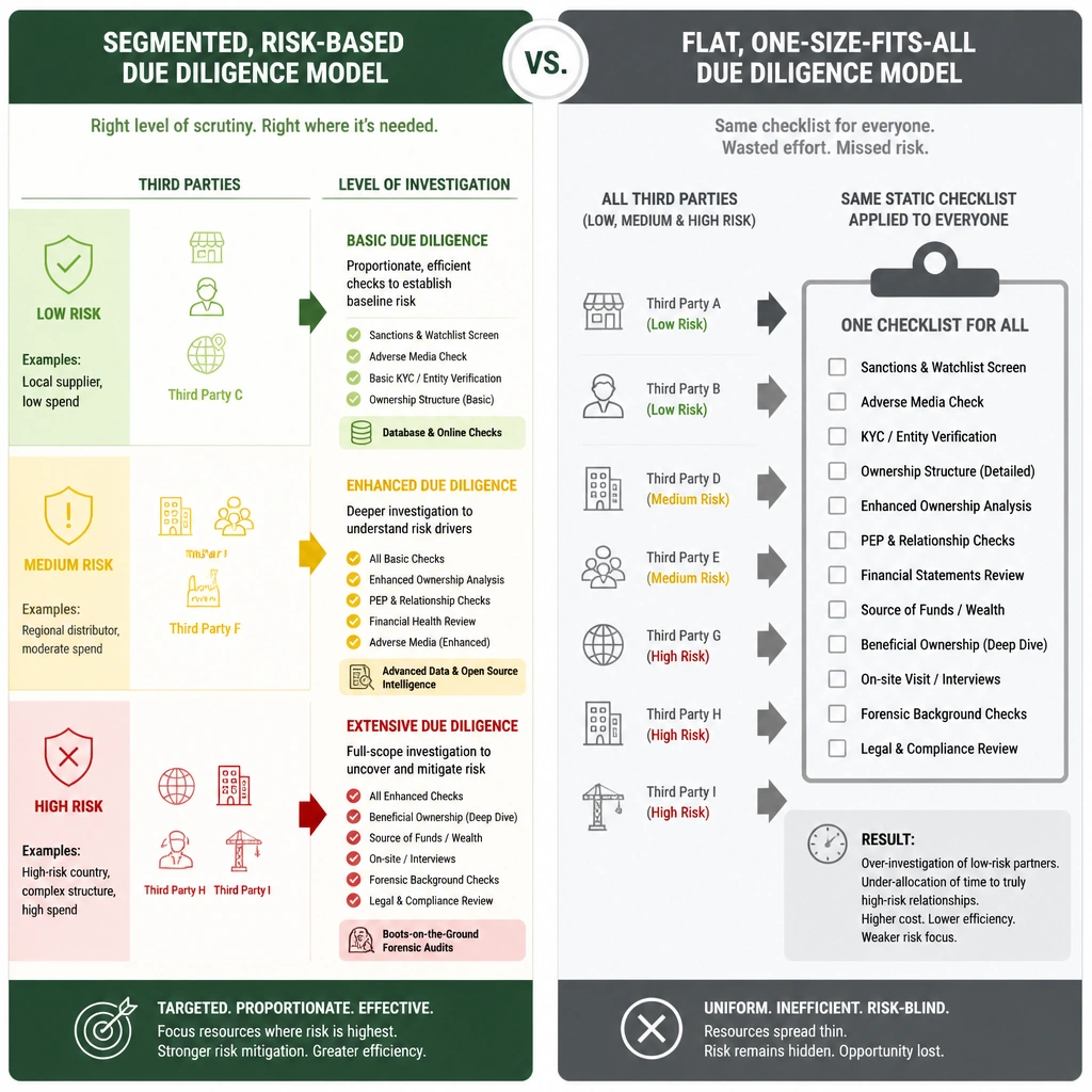 An illustration comparing a segmented, risk-based due diligence model against a flat, one-size-fits-all model. The risk-based side shows third parties categorized into low, medium, and high-risk tiers with corresponding escalating levels of investigation (basic database checks vs. boots-on-the-ground forensic audits). The one-size-fits-all side shows a single, static checklist applied to all entities, highlighting the inefficiency and lack of targeted control.