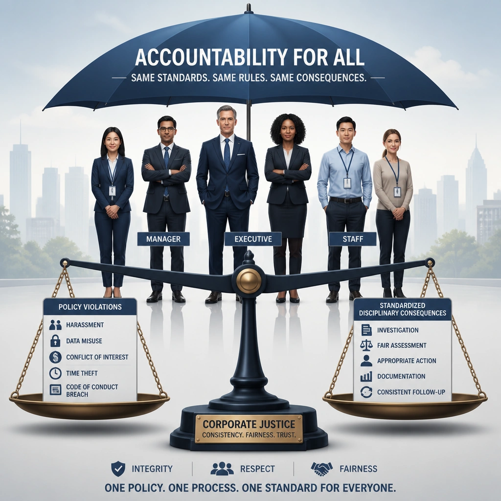 An illustration representing corporate justice and consistency, showing a balance scale where policy violations on one side are balanced by fair, standardized disciplinary consequences on the other side. The background should depict employees at various hierarchical levels (executive, manager, staff) standing under a single umbrella representing "Accountability for All," symbolizing that the rules apply equally to everyone.