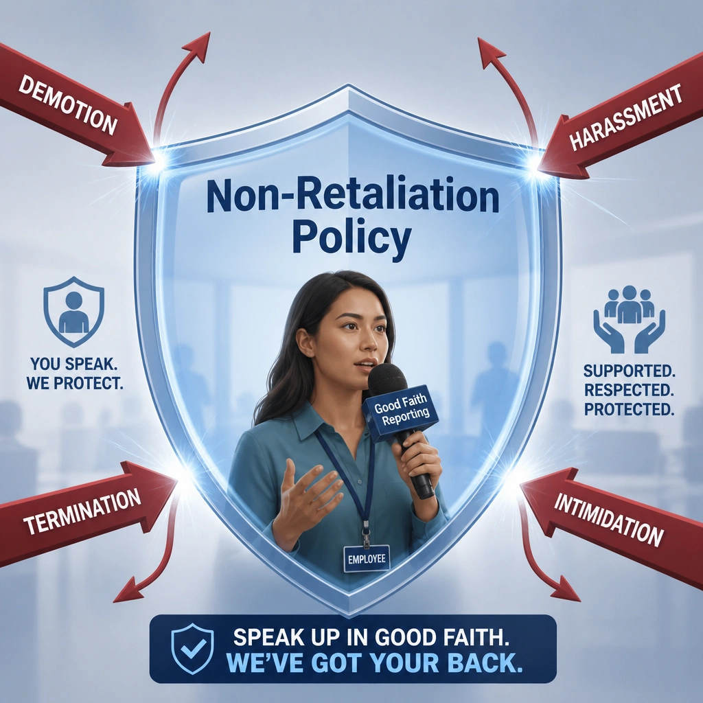 A conceptual graphic showing a protective shield labeled "Non-Retaliation Policy" placed over an employee who is speaking into a microphone labeled "Good Faith Reporting." Surrounding the shield are arrows representing negative actions (like demotion, harassment, and termination) bouncing off harmlessly, demonstrating security and support for whistleblowers.