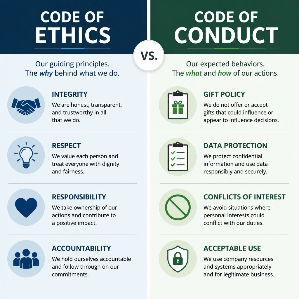 A split graphic displaying "Code of Ethics" on one side and "Code of Conduct" on the other. The "Ethics" side features abstract, value-oriented icons (e.g., handshake, lightbulb, heart) representing principles like Integrity and Responsibility. The "Conduct" side features concrete, rule-oriented icons (e.g., clipboard, checklist, restrict sign) representing specific rules like Gift Policy and Data Protection.