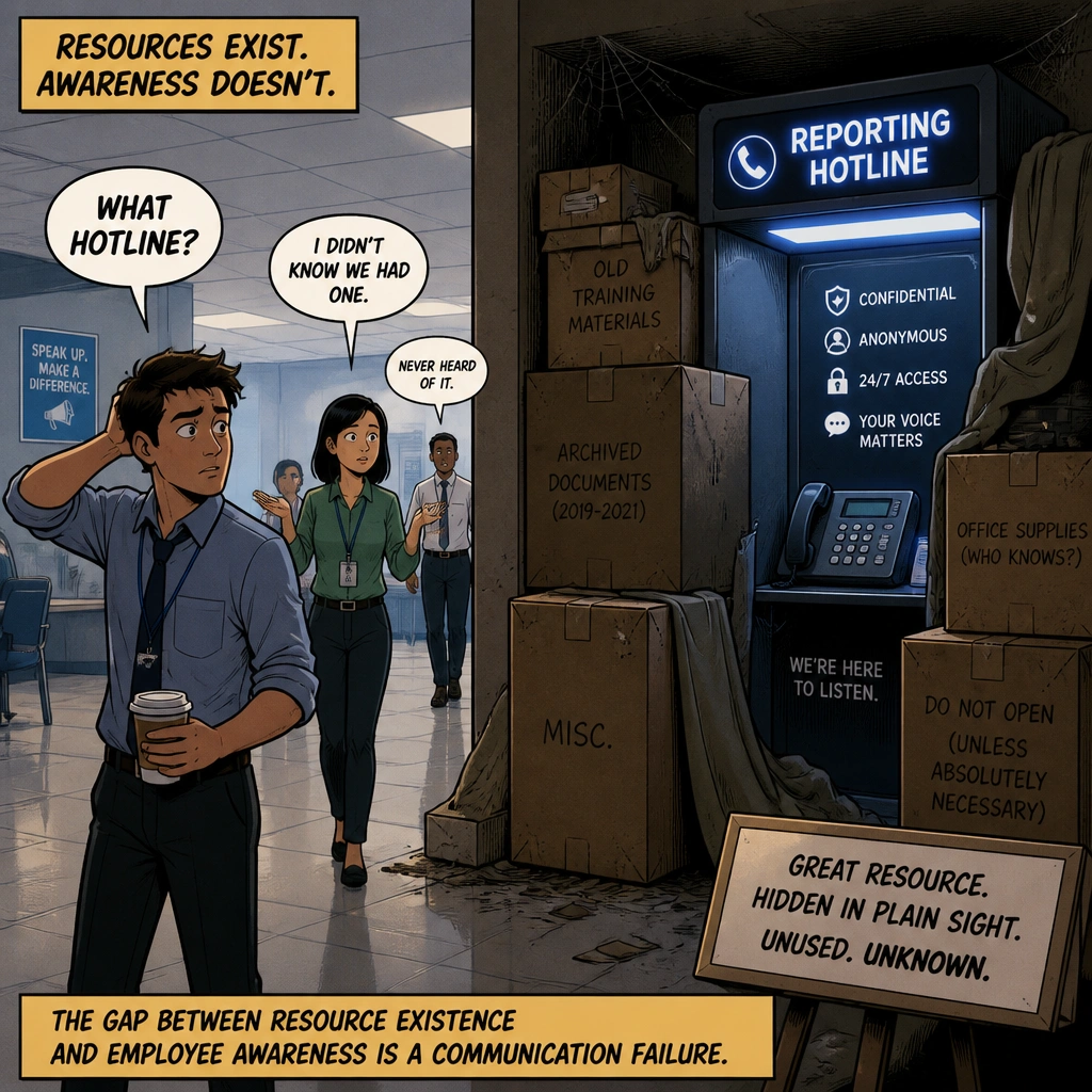 A comic-style illustration showing a high-tech "Reporting Hotline" telephone booth hidden behind dusty boxes in a corner, with employees walking past looking confused or asking "What hotline?" This illustrates a breakdown in communication and training, showing the gap between resource existence and employee awareness.