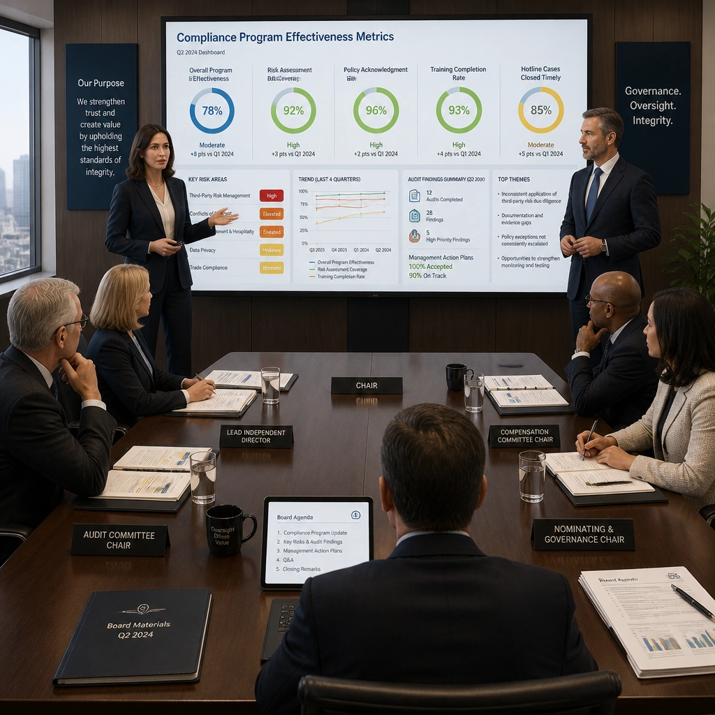 A boardroom illustration showing a corporate Board of Directors seated around a table, actively reviewing a dashboard labeled "Compliance Program Effectiveness Metrics." Standing at the front are the Chief Compliance Officer and the Internal Audit Director presenting key risks and audit findings, demonstrating a structured, high-level oversight meeting.