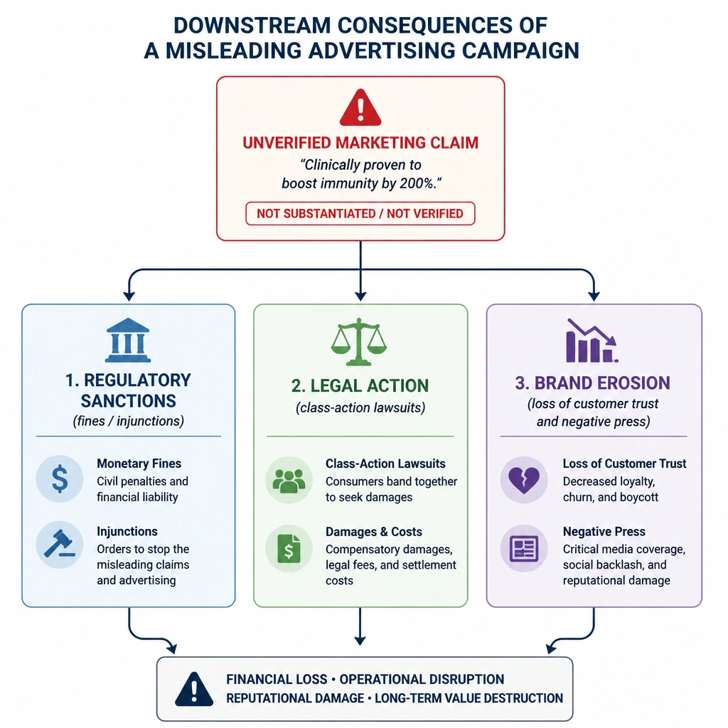 A conceptual diagram mapping the downstream consequences of a misleading advertising campaign. It should show an unverified marketing claim flowing into three risk categories: Regulatory Sanctions (fines/injunctions), Legal Action (class-action lawsuits), and Brand Erosion (loss of customer trust and negative press).