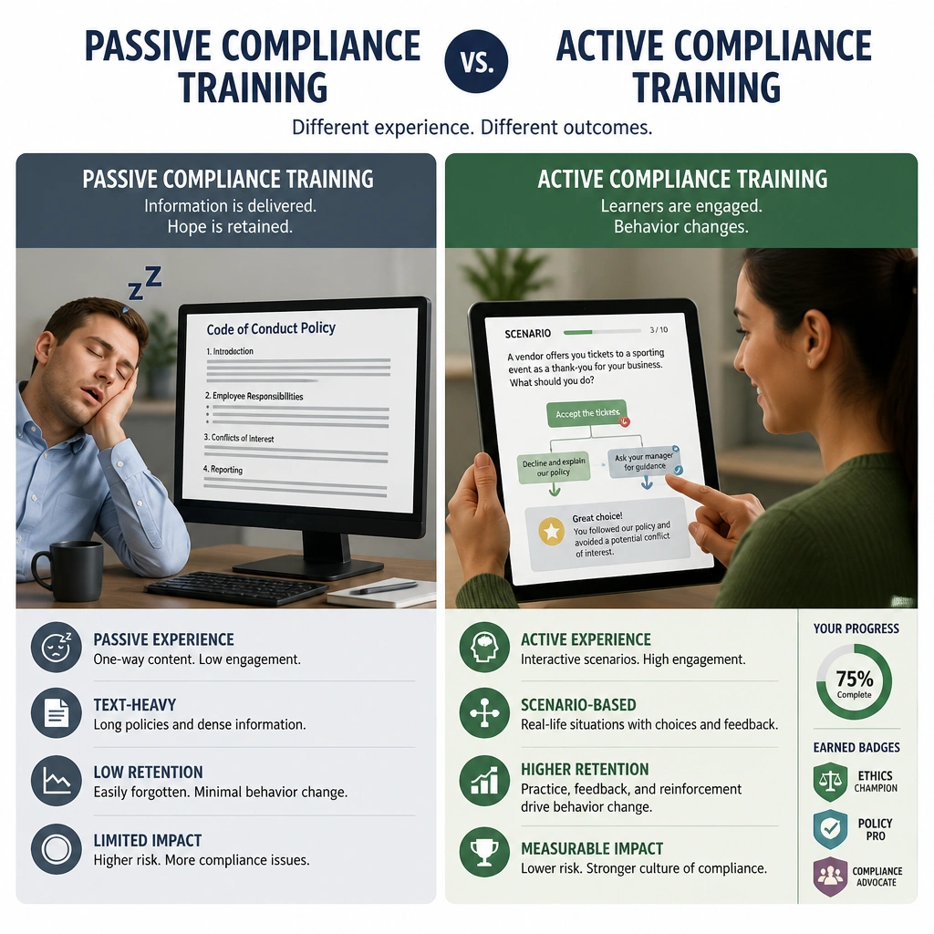 An infographic comparing passive compliance training (a sleeping employee looking at a text-heavy document on a screen) vs. active compliance training (an engaged employee interacting with a scenario-based branch decision tree on a tablet with badges and progress indicators).