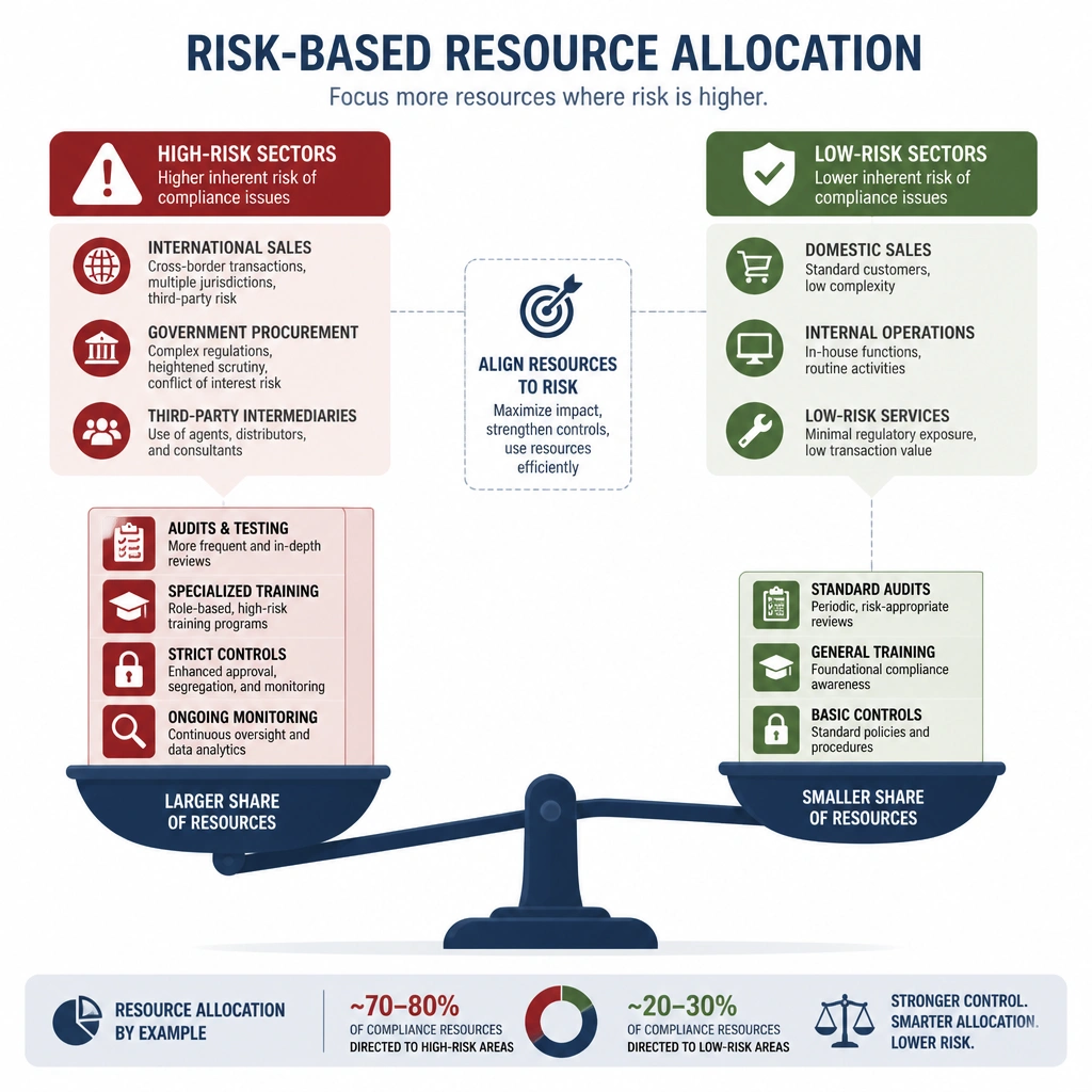 A scale illustration demonstrating risk-based resource allocation. On one side, show high-risk business sectors (e.g., International Sales, Government Procurement) receiving a large portion of compliance resources (audits, specialized training, strict controls). On the other side, show low-risk sectors receiving a smaller, proportional share.