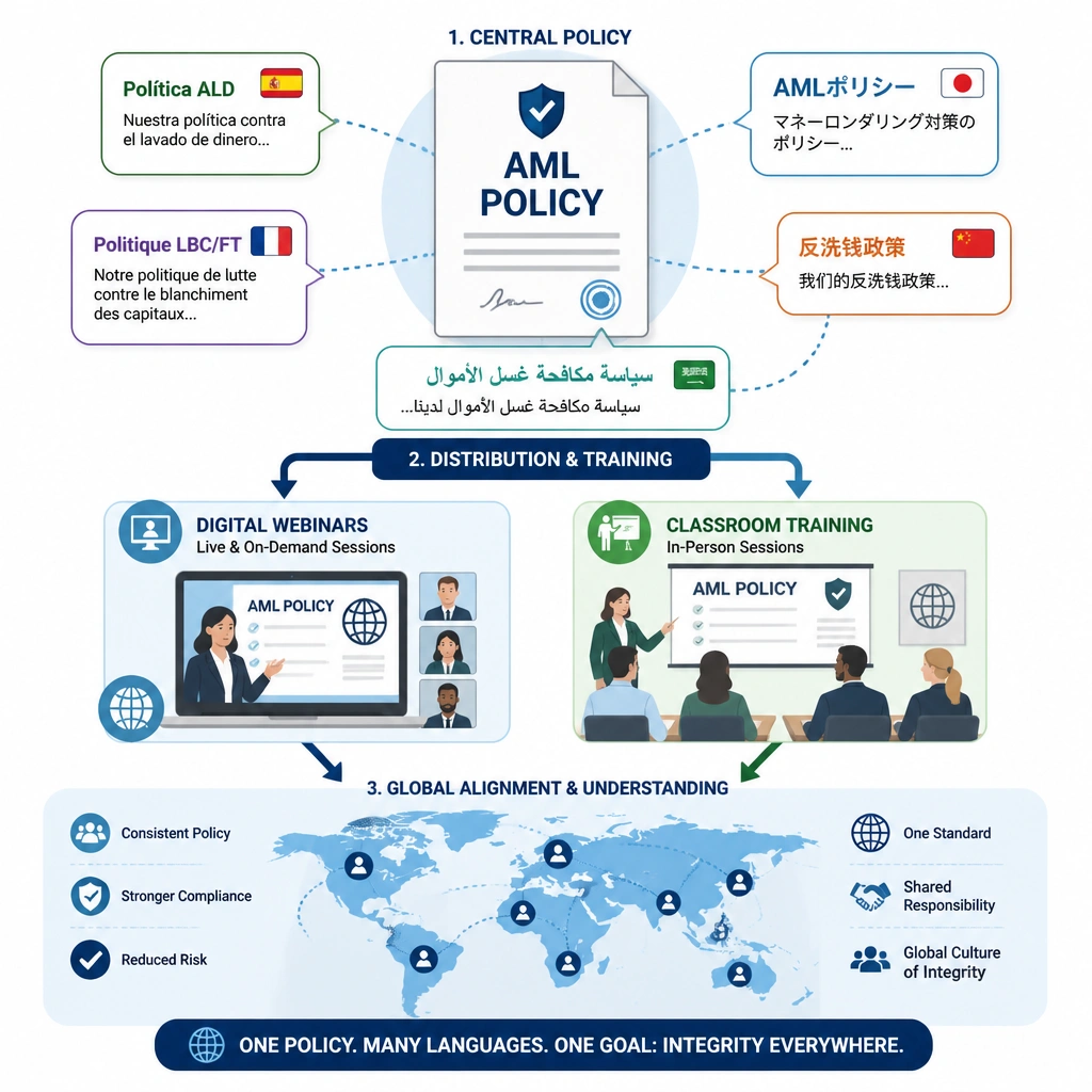 An illustration depicting global policy deployment. The central policy document (AML Policy) is translated into multiple language speech bubbles (e.g., Spanish, Japanese, French) and distributed via both digital webinars and classroom settings, leading to global alignment and understanding.