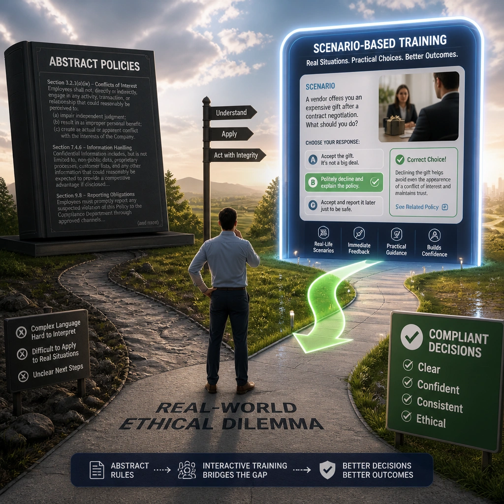 An employee standing at a crossroads labeled "Real-World Ethical Dilemma." On one side, there is a book of "Abstract Policies" with complex, hard-to-read text. On the other side, there is an interactive "Scenario-Based Training" portal displaying a real-life situation. An arrow guides the employee from the training portal to a clear path labeled "Compliant Decisions," demonstrating how interactive training translates abstract rules into concrete actions.