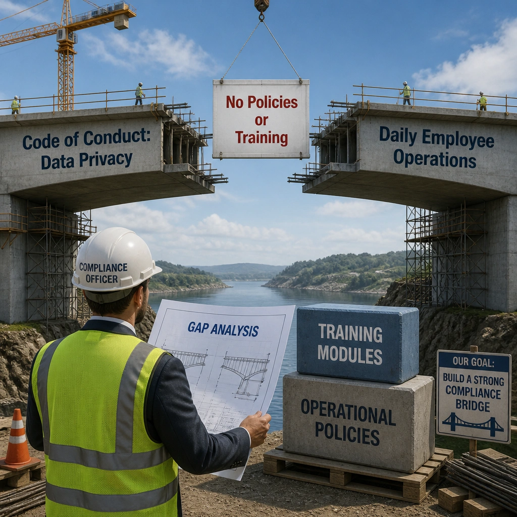 A bridge under construction, where the left side of the bridge is labeled "Code of Conduct: Data Privacy" and the right side is labeled "Daily Employee Operations." There is a visible gap in the middle labeled "No Policies or Training." A compliance officer is standing in the gap with a blueprint labeled "Gap Analysis" and building blocks labeled "Training Modules" and "Operational Policies" to bridge the gap.