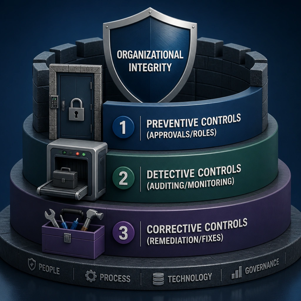 A three-tiered security system representing corporate operations. The first tier is a locked door labeled "Preventive Controls (Approvals/Roles)," the second tier is a scanner labeled "Detective Controls (Auditing/Monitoring)," and the third tier is a toolbox labeled "Corrective Controls (Remediation/Fixes)." Together, these three tiers protect a core shield labeled "Organizational Integrity."