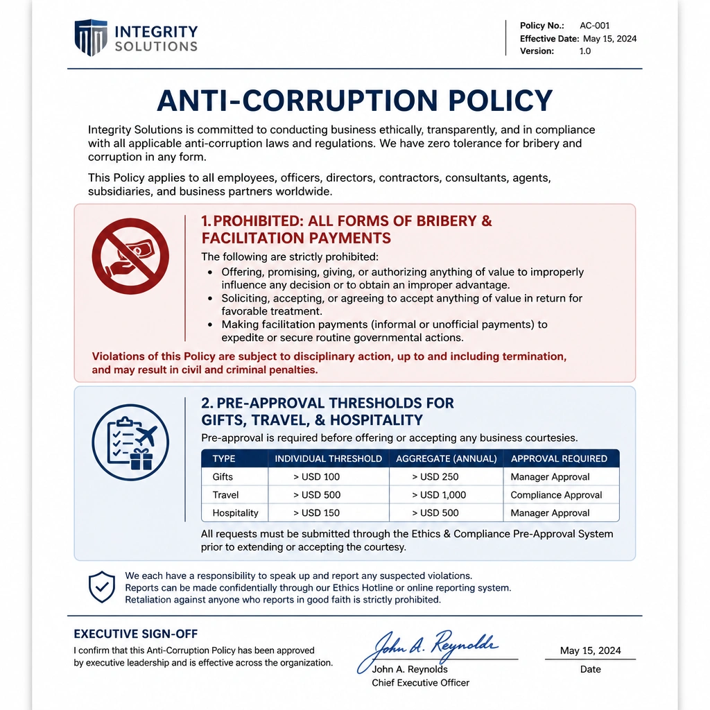 A policy document labeled "Anti-Corruption Policy" with two distinct sections highlighted: "Prohibited: All Forms of Bribery & Facilitation Payments" and "Pre-Approval Thresholds for Gifts, Travel, & Hospitality." A signature line at the bottom shows executive sign-off, symbolizing the formal implementation of anti-bribery controls.